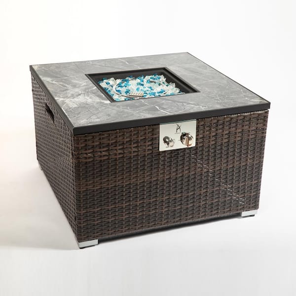 Unbranded 32 in. Antique Espresso 40000 BTU Square Wicker Propane Outdoor Fire Pit Table with Glass Rocks