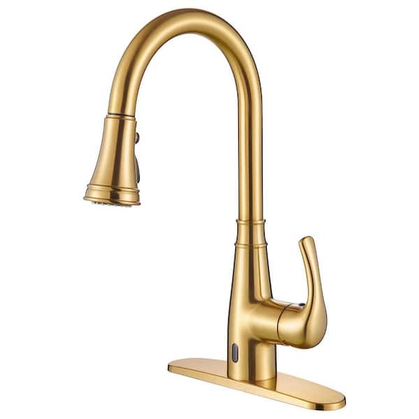 Touchless Gooseneck Single Handle Pull Down Sprayer Kitchen Faucet with Deckplate Pull Out Sink Faucet in Brushed Gold