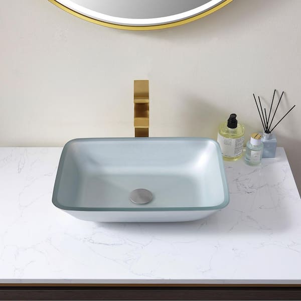 Tudela Matte Silver Glass Rectangular Vessel Bathroom Sink without Faucet