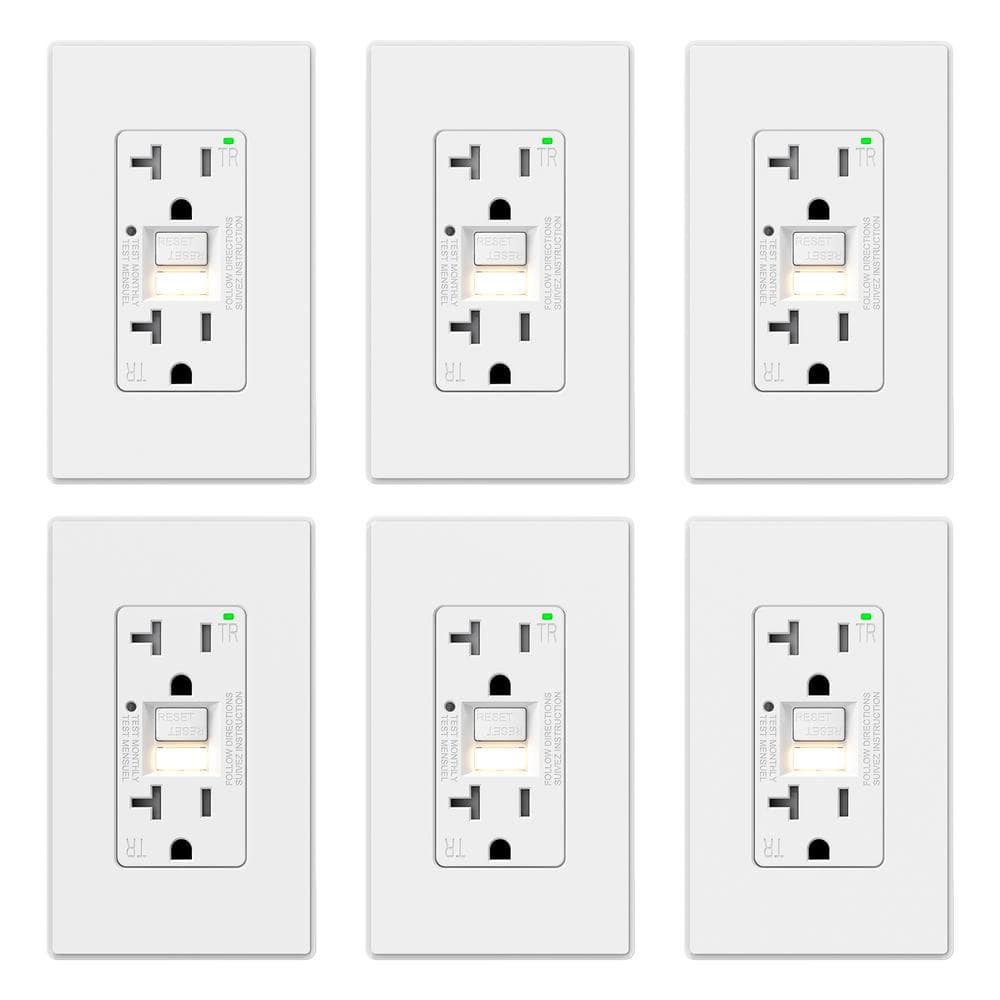 ELEGRP 15 AMP 125V Duplex Tamper Resistant Self-Test GFCI Outlet with Night Light w/Screwless Wall Plate UL Listed WH (6-Pack)