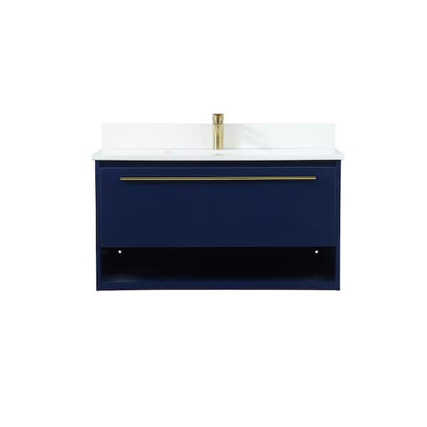 Unbranded Simply Living 36 in. W x 18 in. D x 19.7 in. H Bath Vanity in Blue with Ivory White Engineered Marble Top