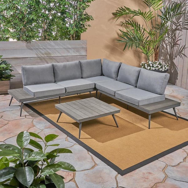 Noble House Norfolk Gray 4-Piece Wood and Aluminum Patio Sectional Seating Set with Gray Cushions