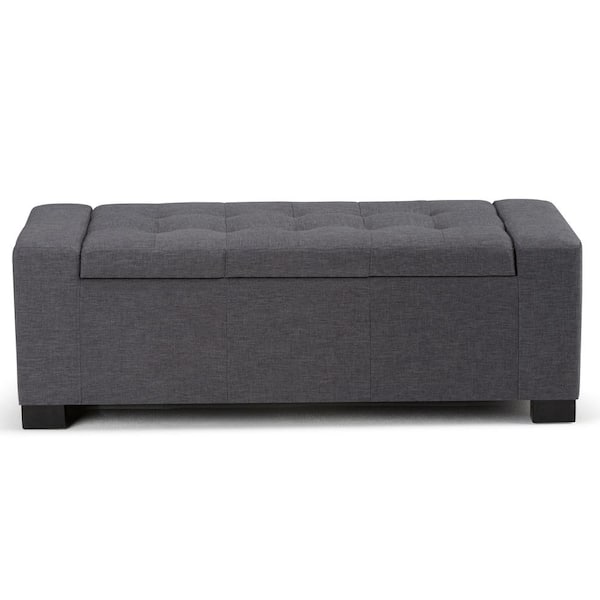 Simpli Home Laredo 51 in. Contemporary Storage Ottoman in Slate Grey Linen Look Fabric