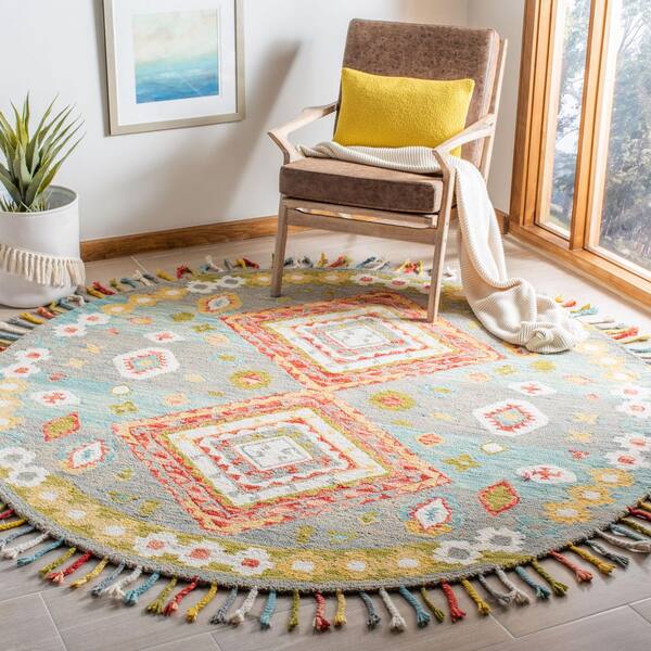 Aspen 7 ft. x 7 ft. Gray/Red Tribal Round Rug