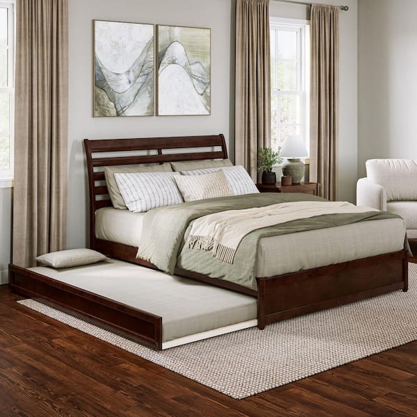 AFI Emelie Walnut Brown Solid Wood Frame Queen Platform Bed with Panel Footboard and Twin XL Trundle
