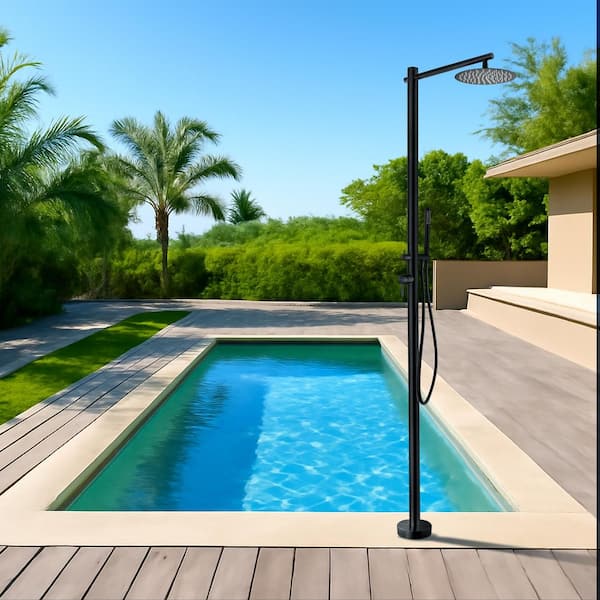 Outdoor Exposed Shower Faucet Dual Handle Freestanding Tub Faucet Floor Mounting with Hand Shower in Matte Black