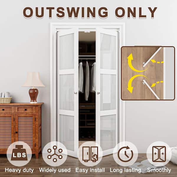 60 in. x 80 in. 3-Lite Frosted Glass Solid Core White Finished (Pivot French) Bi-fold Door with Pivot Hardware