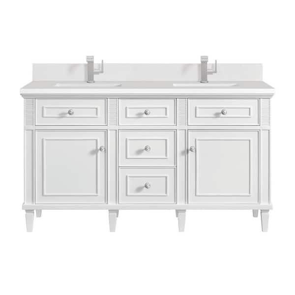 James Martin Vanities Lorelai 60.0 in. W x 23.5 in. D x 34.06 in. H Double Bathroom Vanity in Bright White with White Zeus Quartz Top
