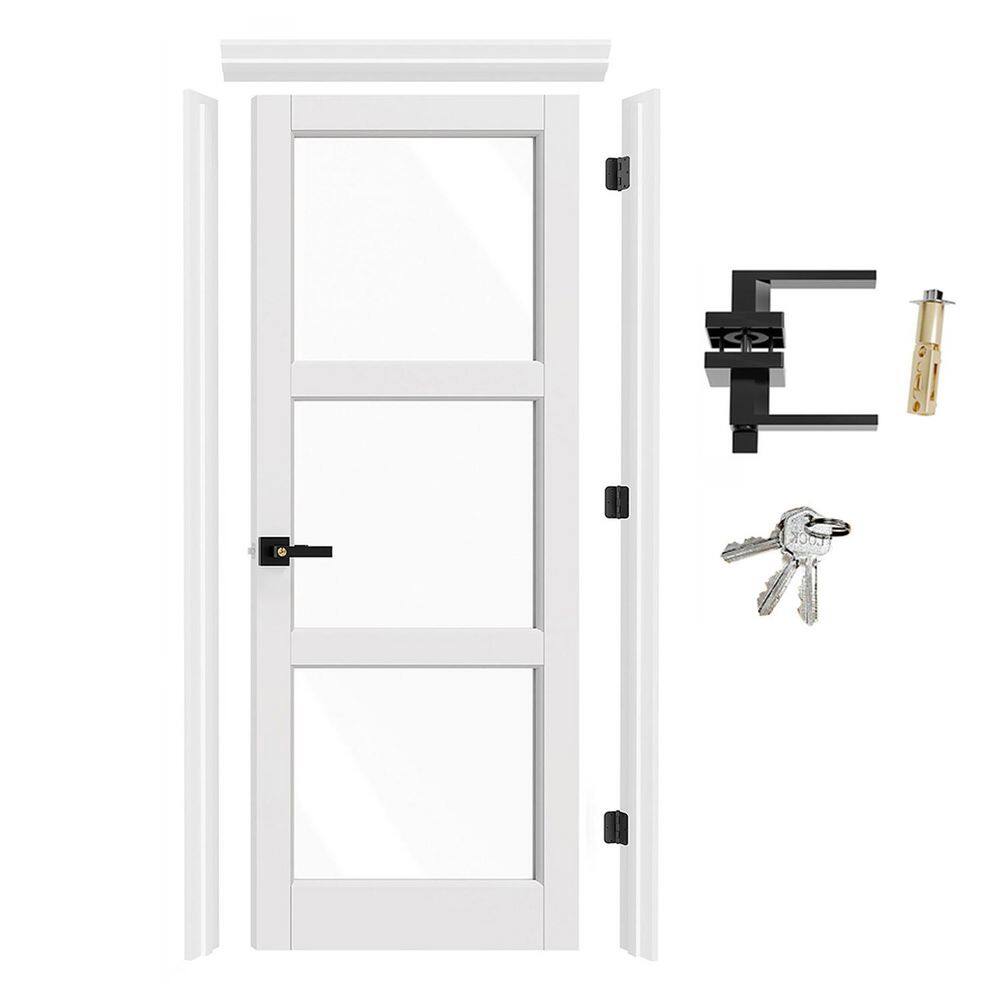 28 in. x 80 in. Right-Handed 3 Lite Clear Glass Primed Wood Bedroom Door with Quick Assemble Door Jamb, Lever &Latch price history on PriceWatchPro