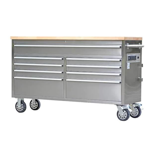 61 in. Stainless Steel Mobile Workbench Cabinet with Wheels, 9-Drawer, Rubber Wood Top, Lock Key for Workshop Storage