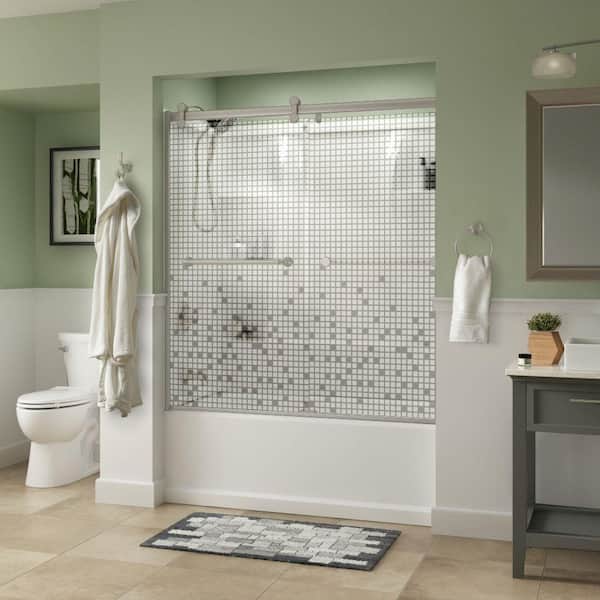Delta Mandara 60 x 58-3/4 in. Frameless Contemporary Sliding Bathtub Door in Nickel with Mozaic Glass