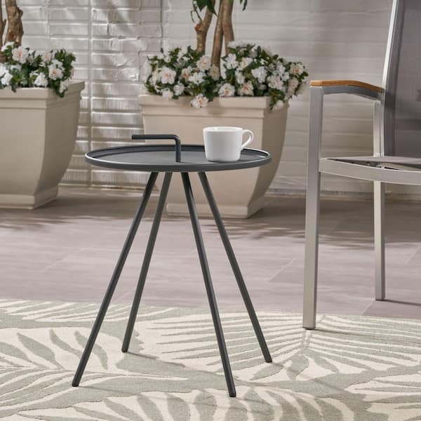 Unbranded Modern Simple 16.5 in. Outdoor Patio Round Iron Side Table for Patios, Backyards, Porches, Handle Design, Gray