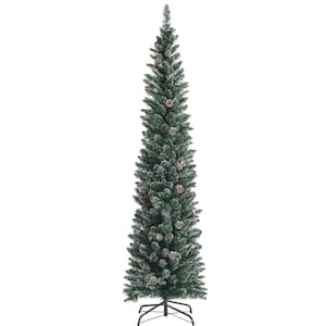 7 ft. Green Unlit Flocked Pencil Artificial Christmas Tree Snowy with Pine Cones