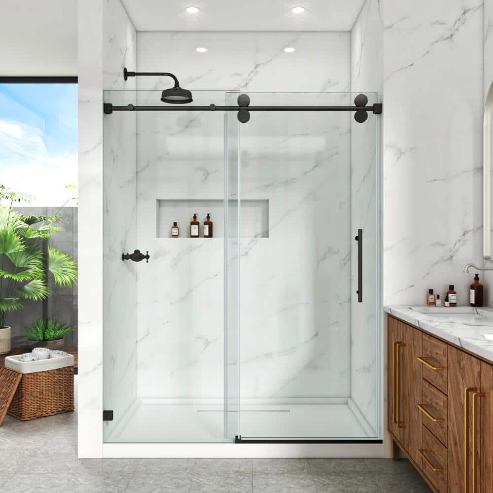 Frameless Shower Door, 56–60.5 in. W x 72 in. H, Single Sliding Door 3/8 in. Clear Tempered Glass, Matte Black. price history on PriceWatchPro