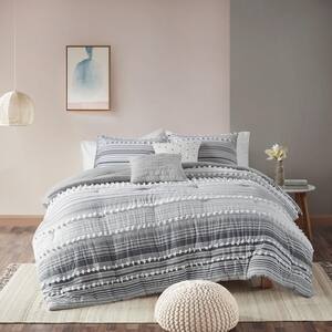 Charlie 4-Piece Grey Stripes and Plaids Cotton Jacquard Twin/Twin XL Comforter Set