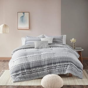 Charlie 5-Piece Grey Stripes and Plaids Cotton Jacquard King/California King Comforter Set