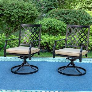 Black Metal Concise Patio Outdoor Dining Swivel Chair with Beige Cushion (2-Pack)