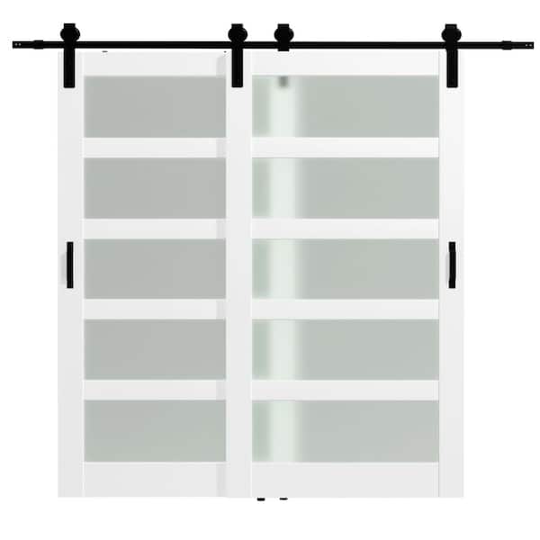 96in x 84in (Double 48" Doors) Frosted Glass, White, MDF Double 5 Lite PVC Covering Sliding Barn Door with Hardware Kit