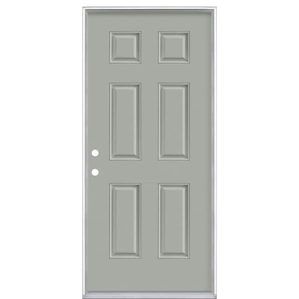 Masonite 36 in. x 80 in. 6-Panel Silver Cloud Right-Hand Inswing Painted Smooth Fiberglass Prehung Front Exterior Door