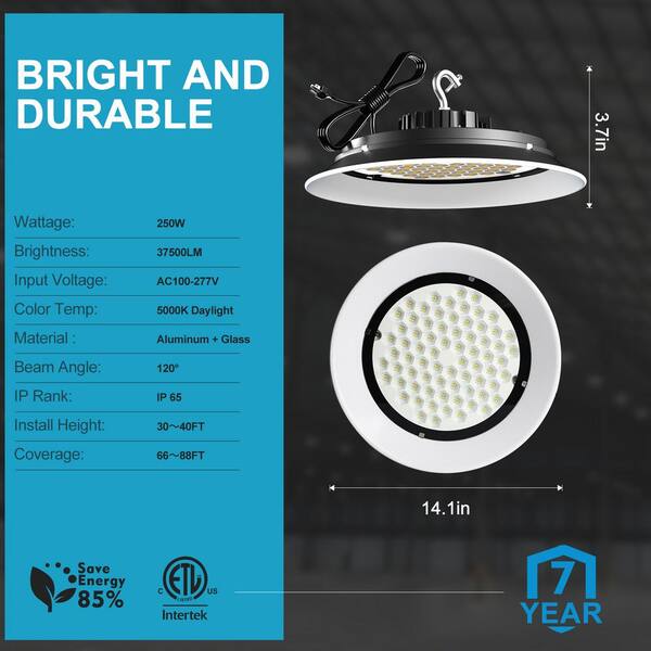 bulbeats 4-Pack of 250-Watt LED High Bay Light 37500LM High Bay LED Shop Lights AC100-277V Commercial Bay Lighting for Warehouse