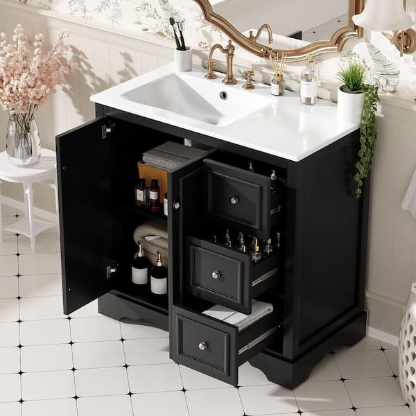 36 in. Freestanding Black Bath Vanity with White Ceramic Top, 3 Drawer and Door Bathroom Storage Cabinet Unassembled