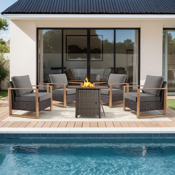 FanKan Brown 5-Piece Wicker Outdoor Glider Chair Patio Deep Seating with Rectangular Fire Table and Gray Cushions