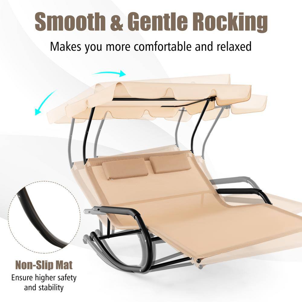 Beige Metal Outdoor Rocking Chaise Lounge with Adjustable Canopy