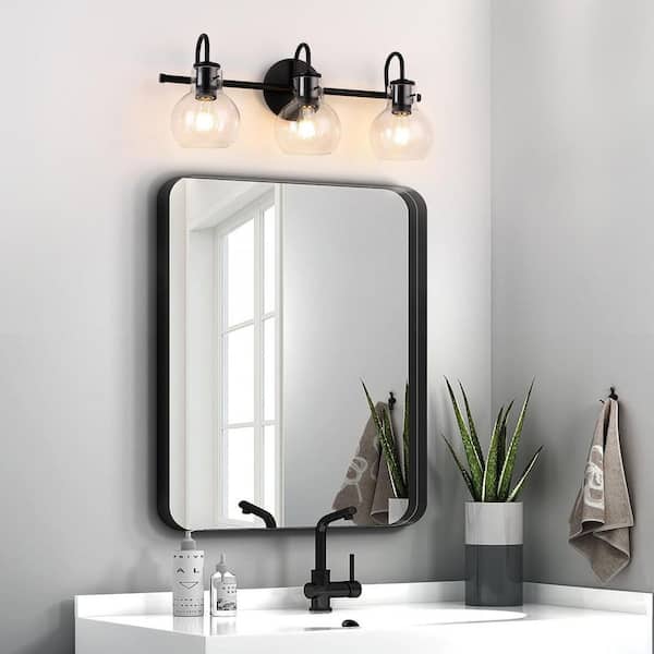 22.04 in. 3-Light Black Bathroom Vanity Light with Clear Glass Shade for Bathroom Modern Wall Sconce