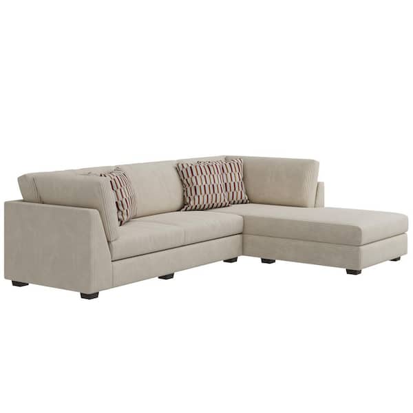 Handy Living Savannah 114.75 in. Flared Arm 2-Piece Fabric L-Shaped Sectional Sofa in Cream Corduroy