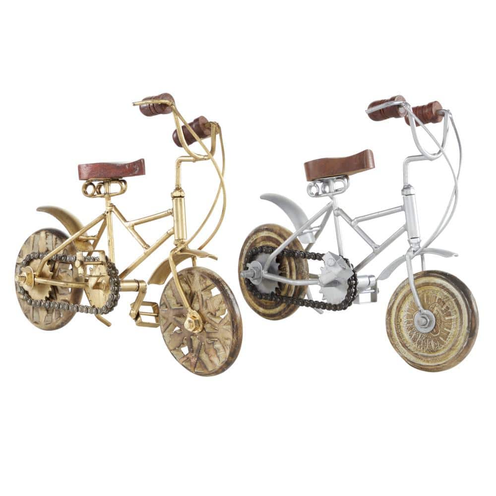 Vintage-Inspired Metallic Bicycle Statues with Wooden Accents, Set of 2