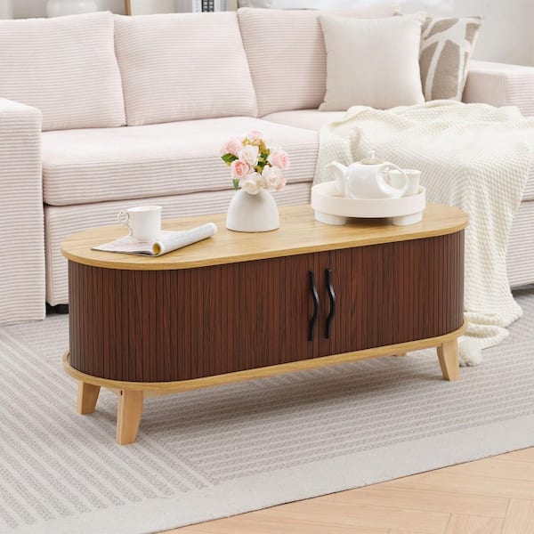 JEAREY 43.3 in Brown Oval Wood Coffee Table with Sliding Door, Modern Center Table with Storage Shelf