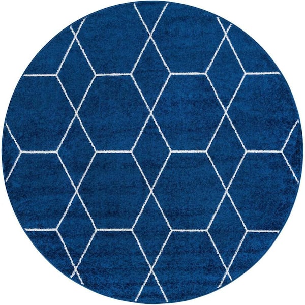 StyleWell Trellis Frieze Navy/Ivory 8 ft. x 8 ft. Round Geometric Area Rug