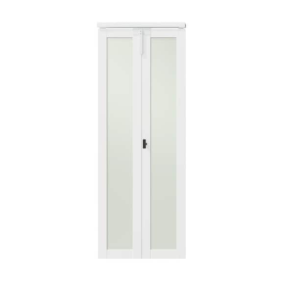 30 in. x 80 in. Frosted Glass Solid Core White Single Lite MDF Bi-Fold Door with Lock, Handle and Hardware Kits