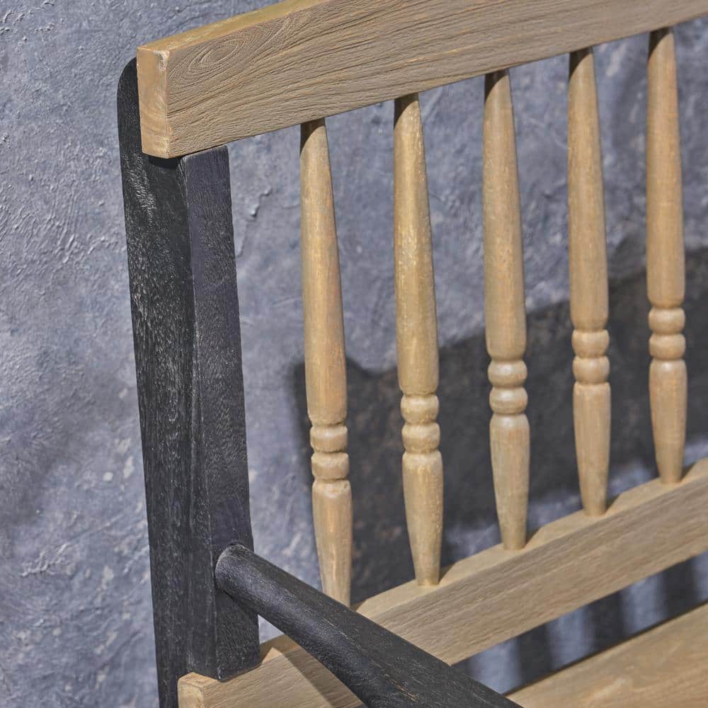 Gray and Black Acacia Wood Farmhouse Bench with Shelf