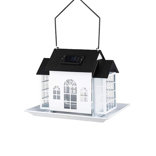 White Metal Hanging Solar Bird Feeder House Caged Feeder, Outdoor Large Capacity Birdfeeders with Suet Cages