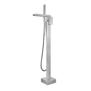 Single Handle Floor Mounted Freestanding Tub Faucet Waterfall Tub Filler with Handheld Shower in Brushed Nickel