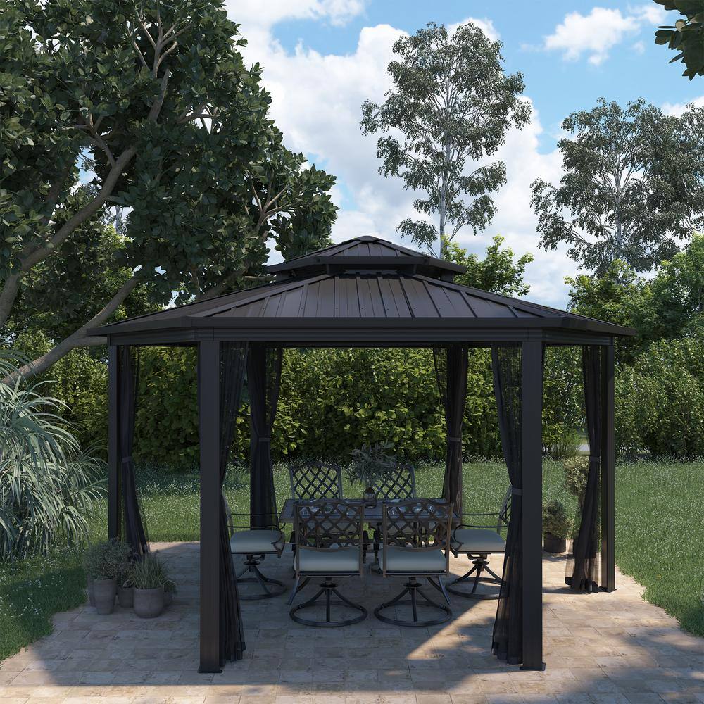 15x15 Ft Black Aluminum and Steel Hexagon Patio Gazebo