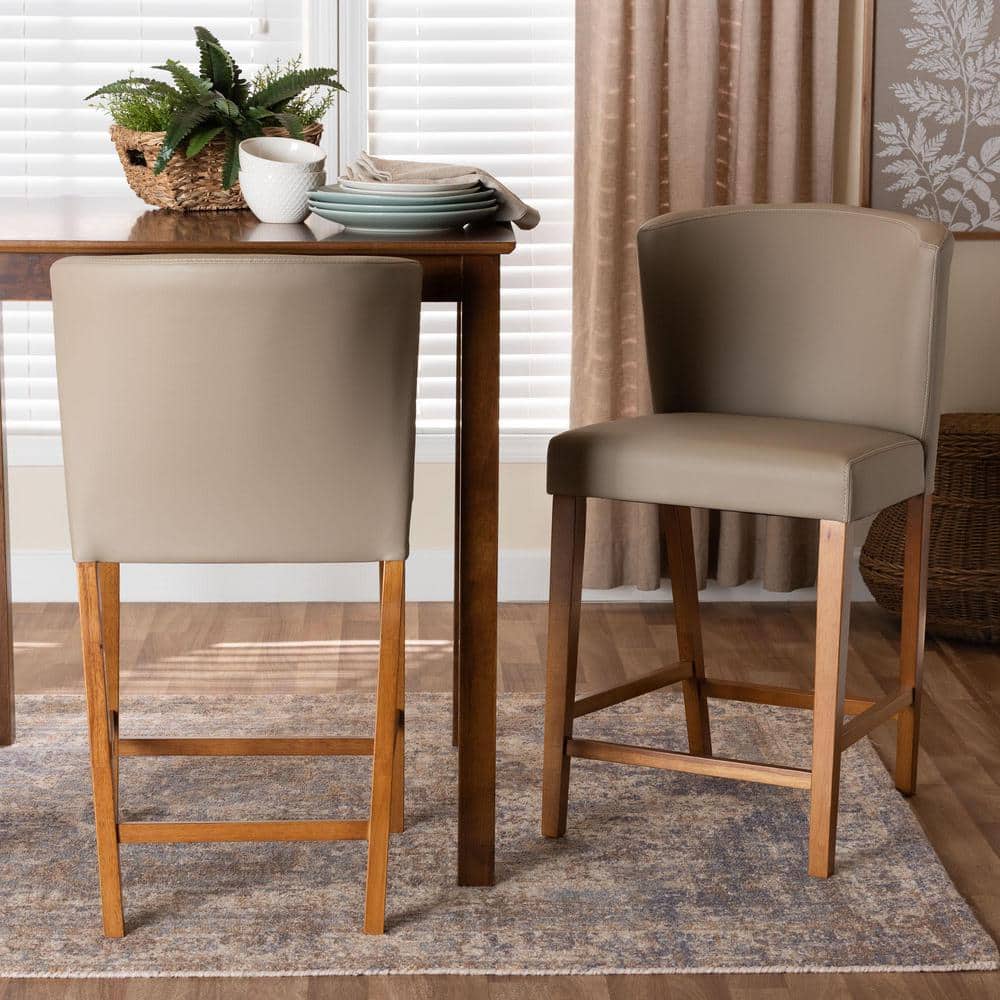 Mid-Century Modern Walnut Wood & Grey Faux Leather Pub Stools (Set of 2)