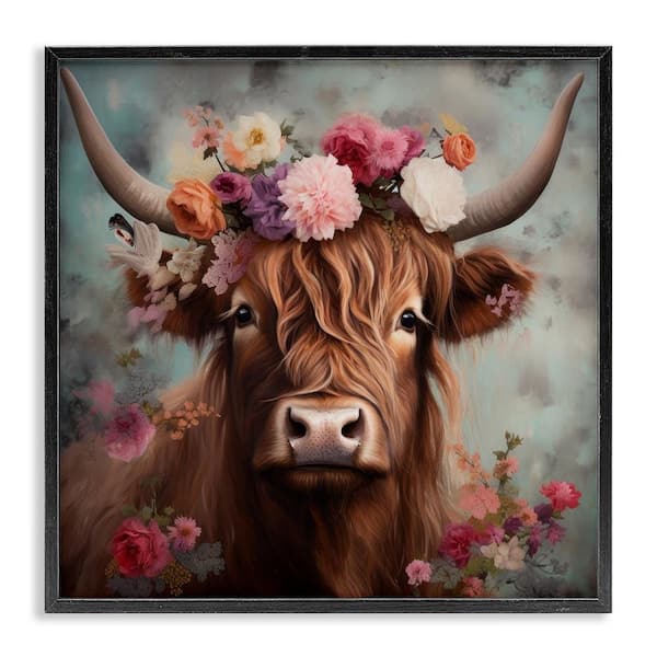 Detailed Floral Highland Cow by Irena Orlov Black Framed Giclee Art Print Animal 12 in. x 12 in.