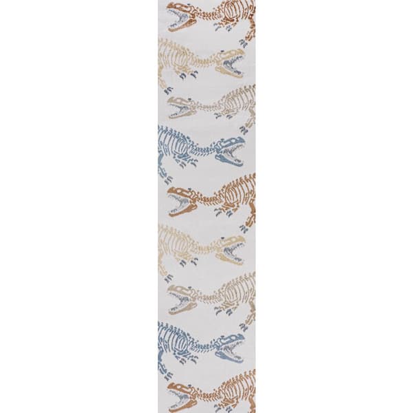 Cream/Multi 2 ft. x 8 ft. Kingdarr T-Rex Modern Kids Machine-Washable Runner Rug