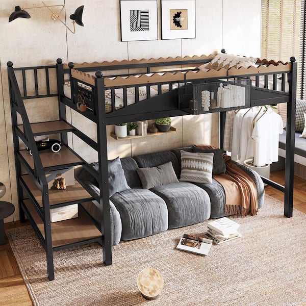 Black Twin XL Wood/Metal Loft Bed with Storage Stairs, Storage Shelves and Bookshelf
