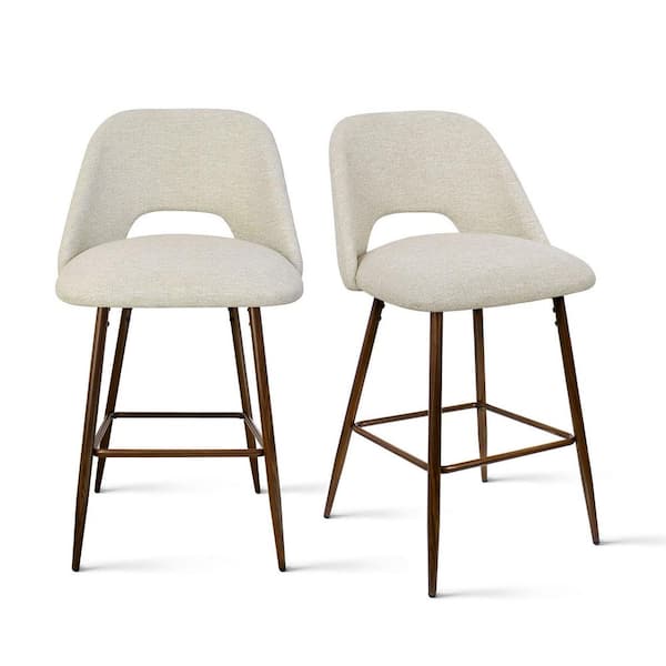 Elevens 19 in. W x 36 in. H Oatmeal Fabric Upholstered 26 in. Metal Frame High Back Counter Stool (Set of 2)
