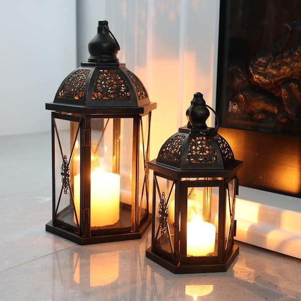 MOEPISY 15 in. and 10 in. H Metal Black Large Lantern Candle