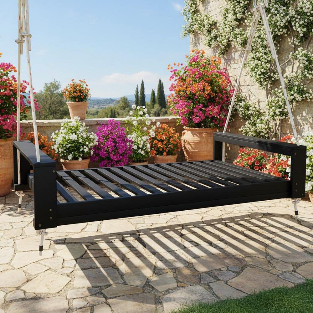 Black 86 in. 2-Person Wood Porch Swing, Modern Twin Size Patio