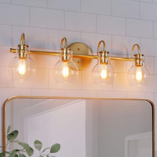 Modern Vanity Light 4-Light Gold 28.5 in. Wall Light with Globe Clear Glass Shades for Bathroom