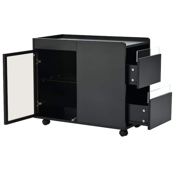Black MDF Rectangle Outdoor Side Table 1-Piece with LED light and Wheels