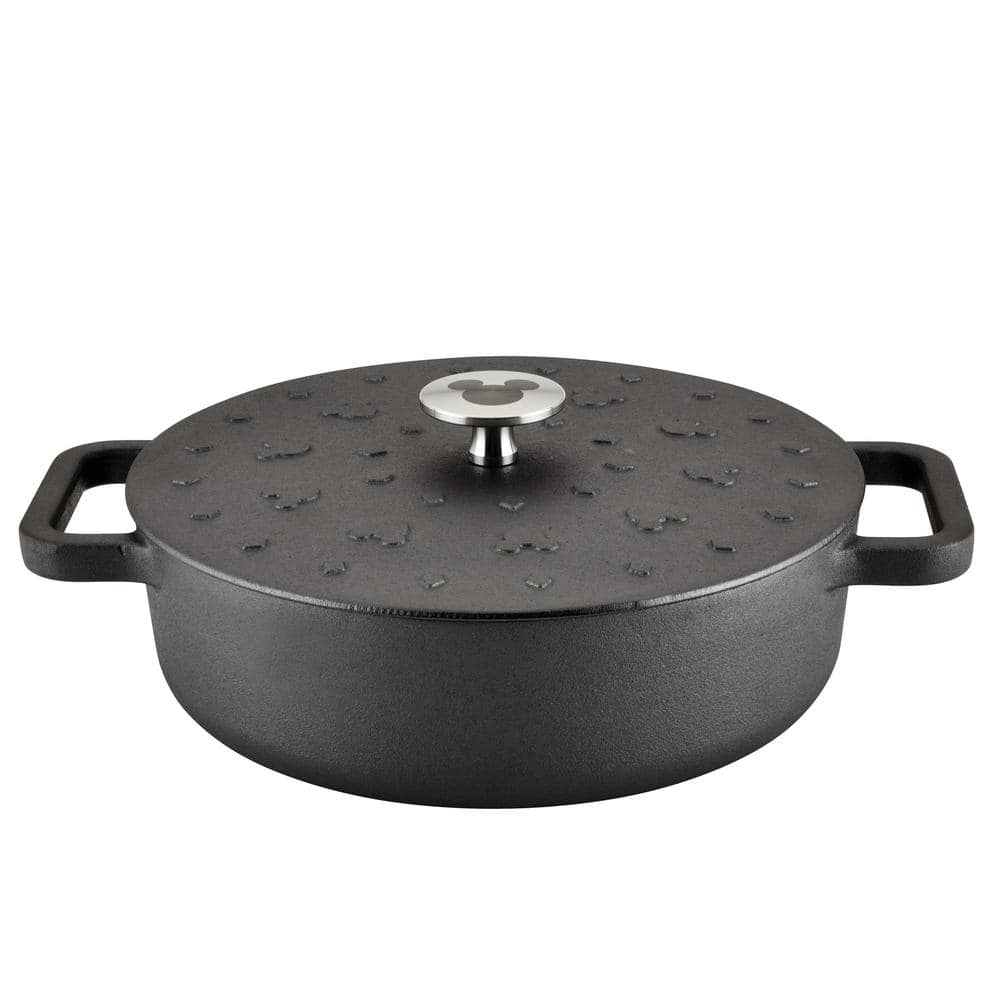 Disney 3 Quart Round Cast Iron Shallow Casserole, Black