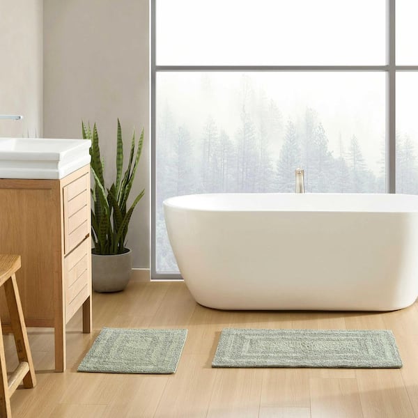 Eddie Bauer Logan Olive Green Solid Cotton Rectangular 2-Piece Reversible Bath Rug Set