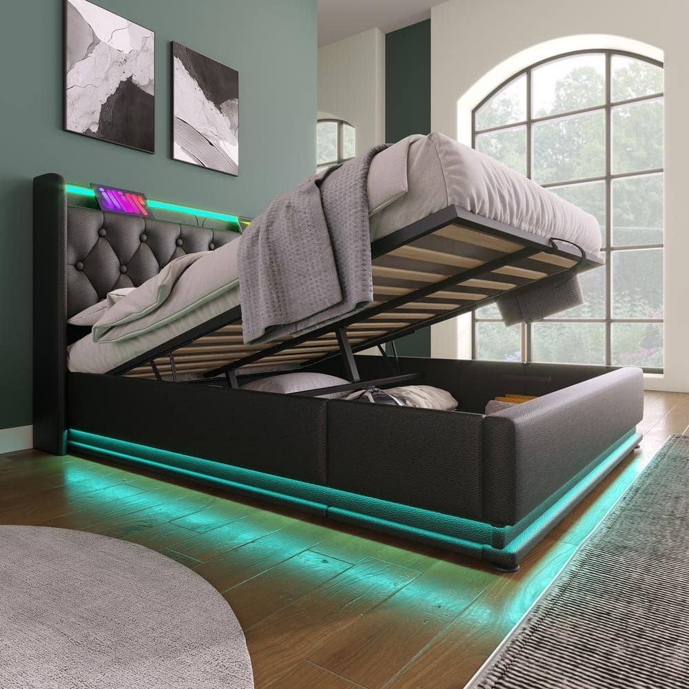 Black Wood and Metal Frame Upholstered PU Queen Platform Bed with Hydraulic Storage, USB Charging and 360° LED Light - thumbnail 5