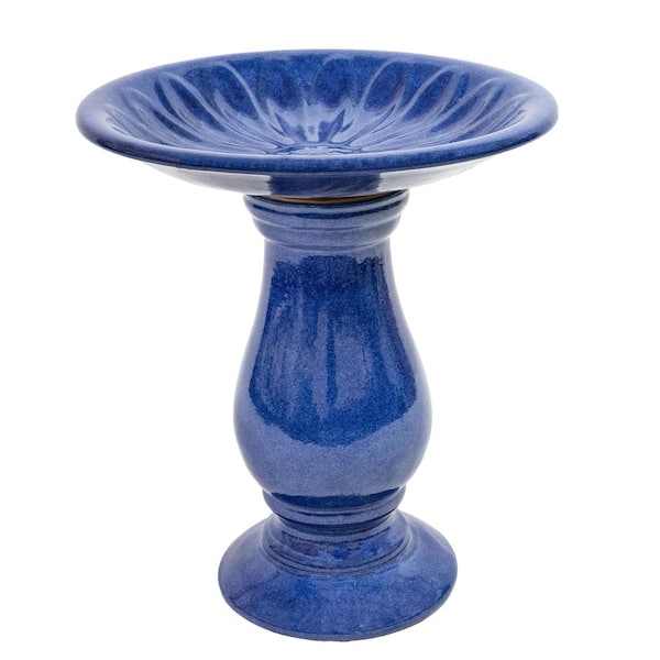Daisy Embossed Bowl Ceramic Outdoor Bird Bath-Blue-21.5 in. H